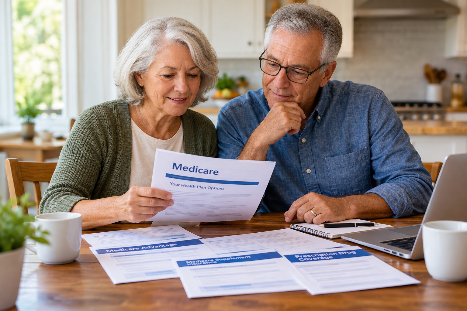 Older couple sitting at a kitchen table reviewing Medicare plan documents together